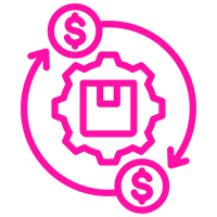02 Package, gear, and dollar signs in pink.