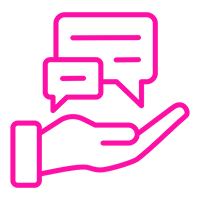 03 Hand holding speech bubbles, neon pink outline.