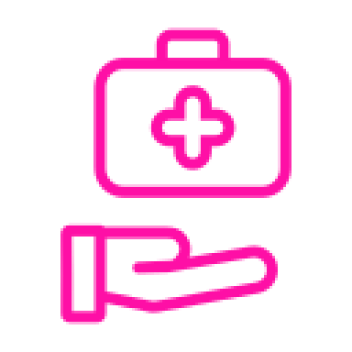 Mask group (34) Hand holding medical kit icon, pink outline.